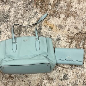 kate spade Light Blue Leather Tote with Scallop Chain Wallet